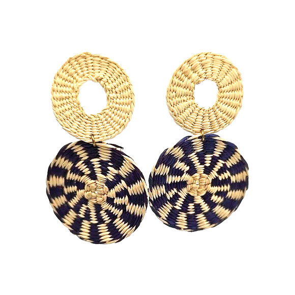 Artisan Woven Straw Earrings Dangle Pierced Circular Design Beige Purple Blue - Picture 1 of 5